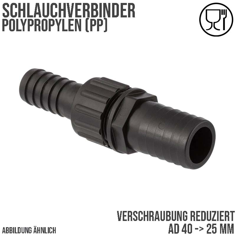 40 x 25 mm Schlauch Verschraubung reduziert 2-fach Stutzen Tülle Pool Teich Garten PP schwarz - PN 6 bar