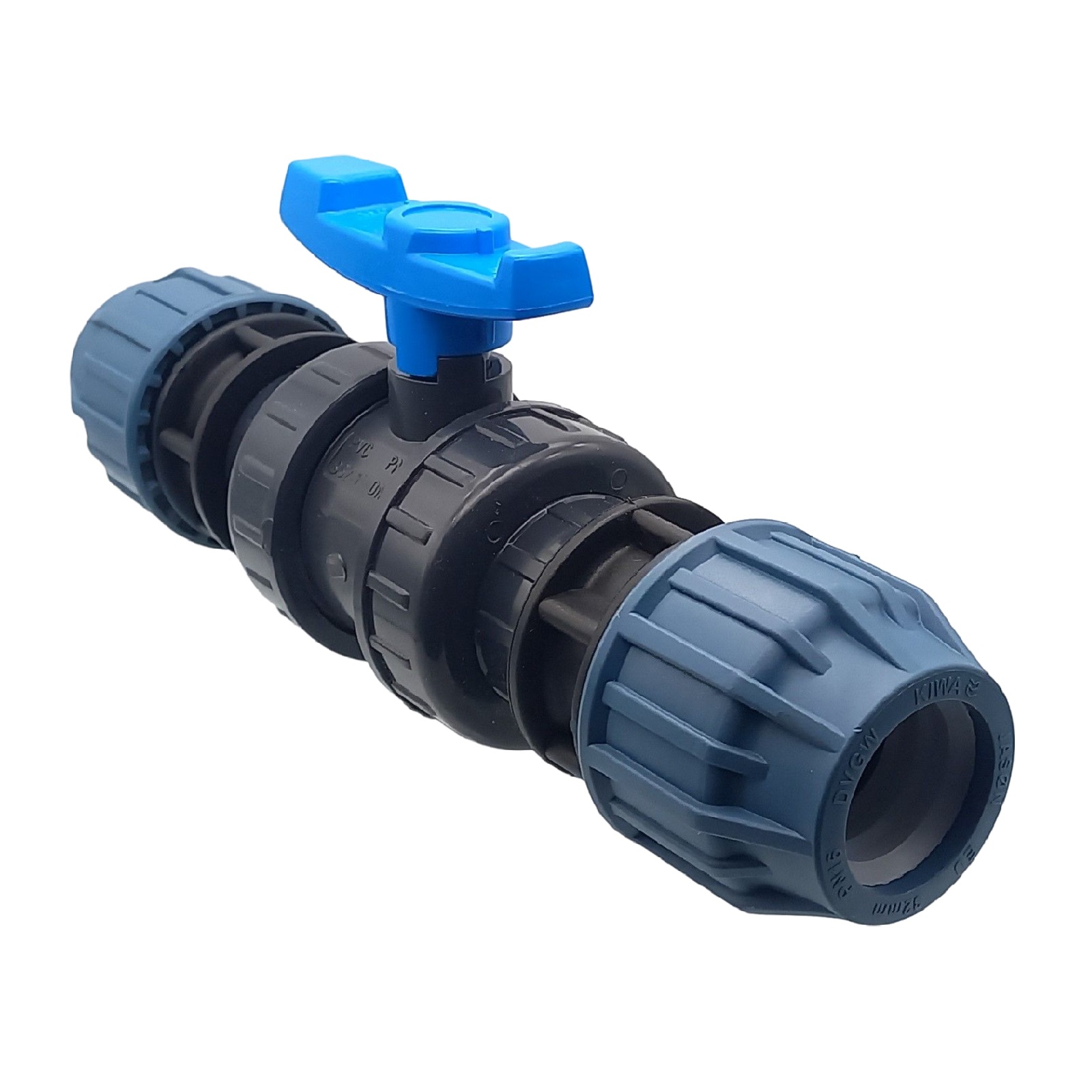 63 mm PE PP Fitting Klemm Verbinder Verschraubung Kugelhahn (blau) mit 2-fach Muffe