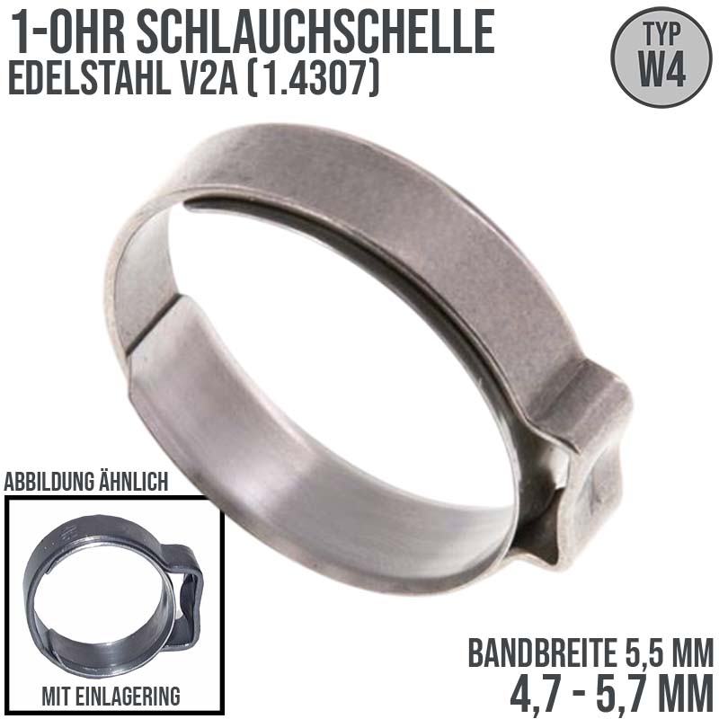 4,7 - 5,7 mm 1-Ohr Doppel Schlauch Schelle Einlagering Edelstahl 1.4307 W4 - Bandbreite 5,5 mm