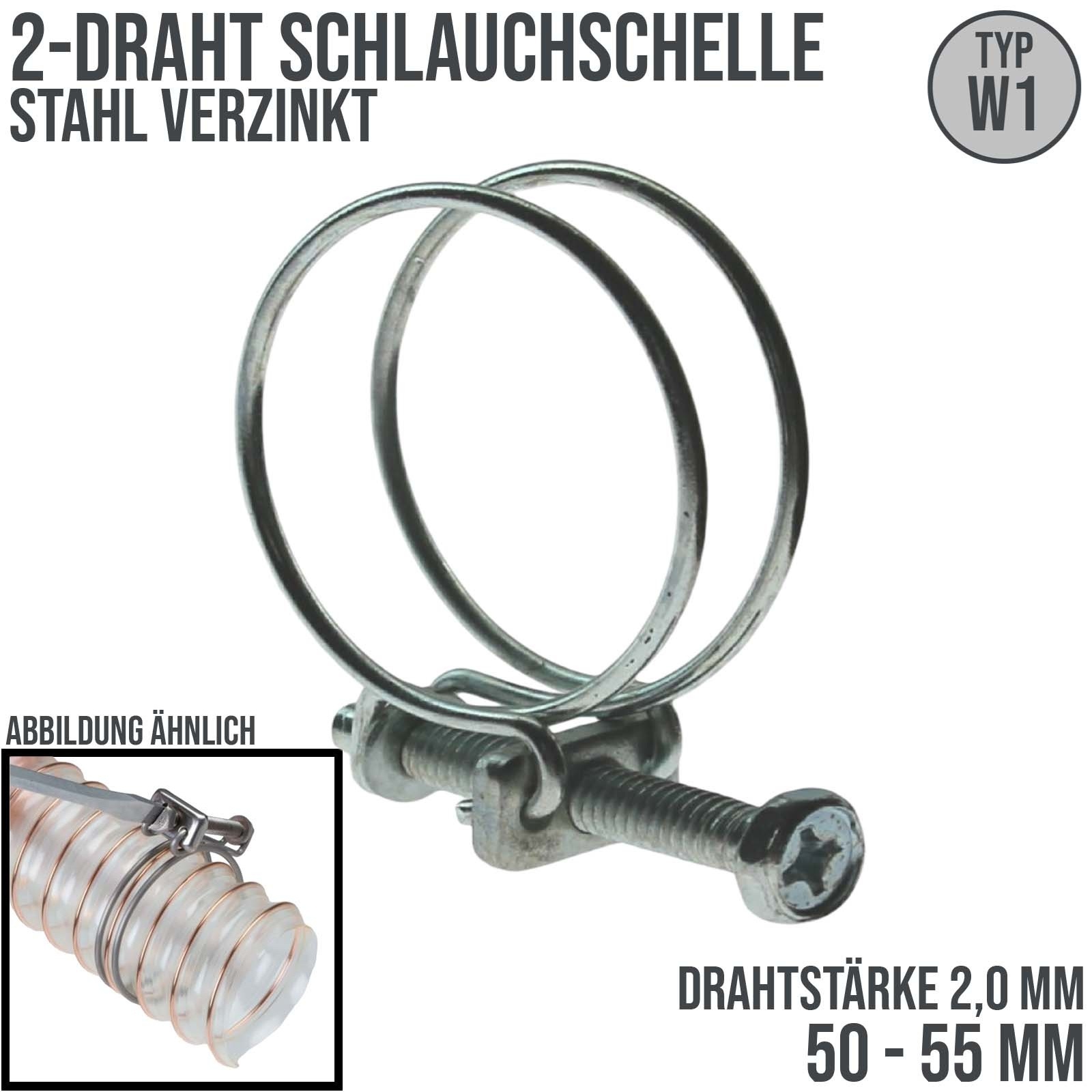 50 - 55 mm 2-Draht Schlauch Schelle W1 Stahl verzinkt Schraube M6 x 45 Draht 2,0 mm