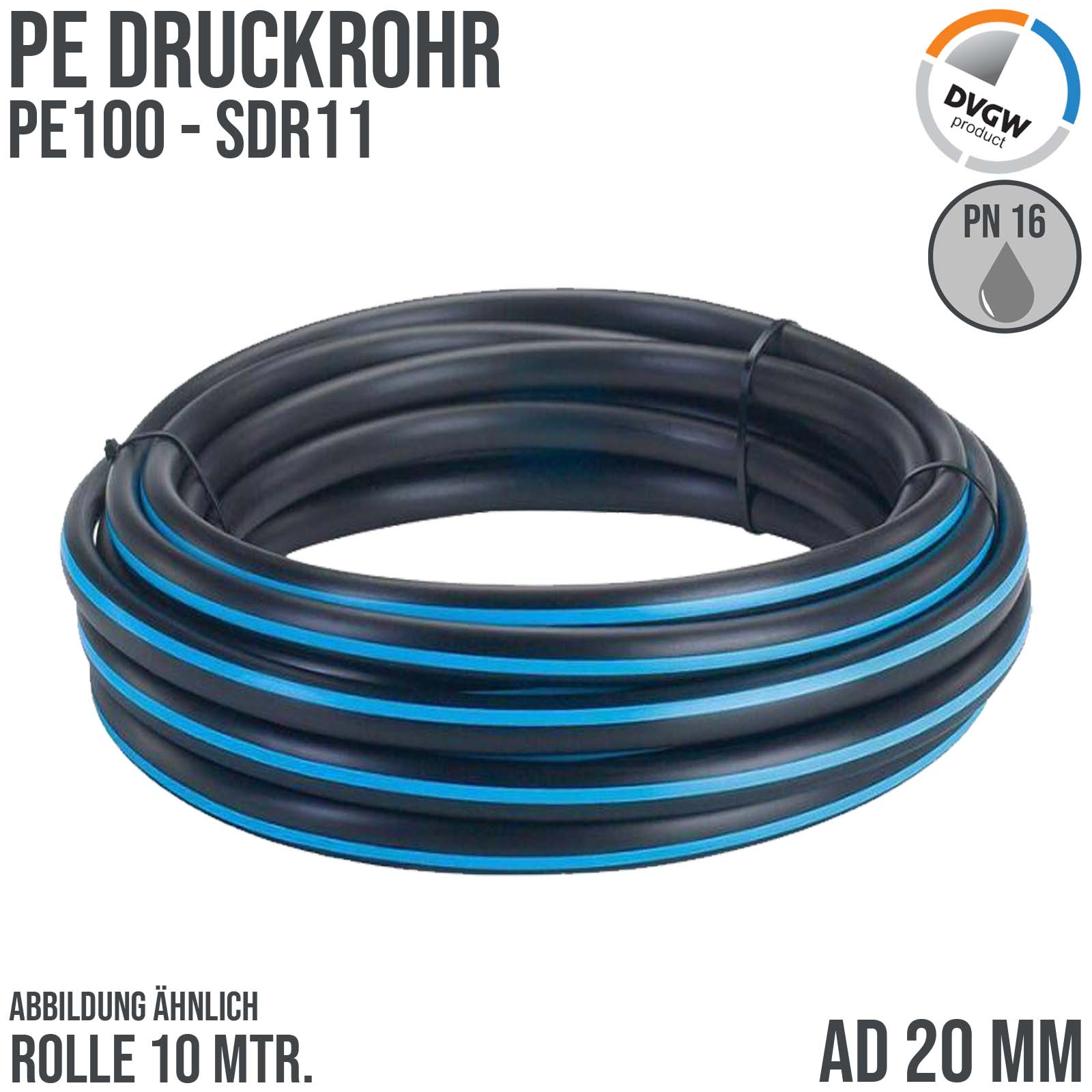 20 x 2,0 mm PE PP Rohr HD Druckrohr Trink Brauch Wasser PE 100 DVGW SDR 11 PN 12,5 bar - 10 m Rolle