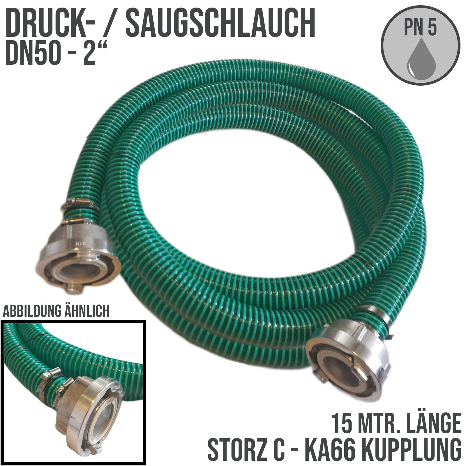 STORZ C DN52 KA66 - 50 mm 2" PVC Saug Ansaug Pumpen Spiral Schlauch PN 5 bar grün - 15 m Rolle