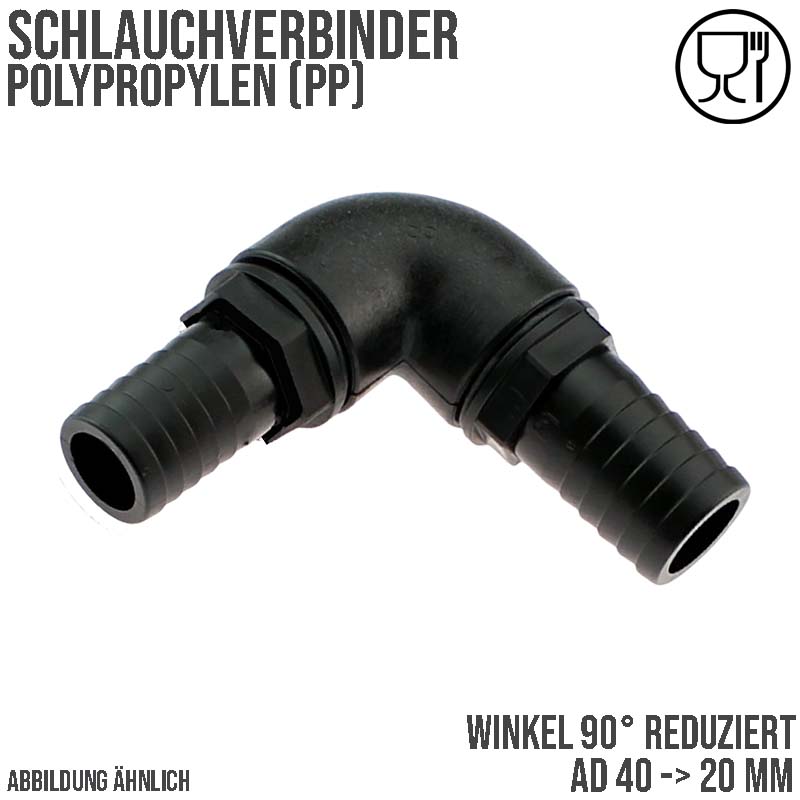 40 x 20 mm Winkel 90° PP Schlauch Verbinder 2-fach Stutzen Tülle Pool Teich Garten schwarz - PN 6 bar