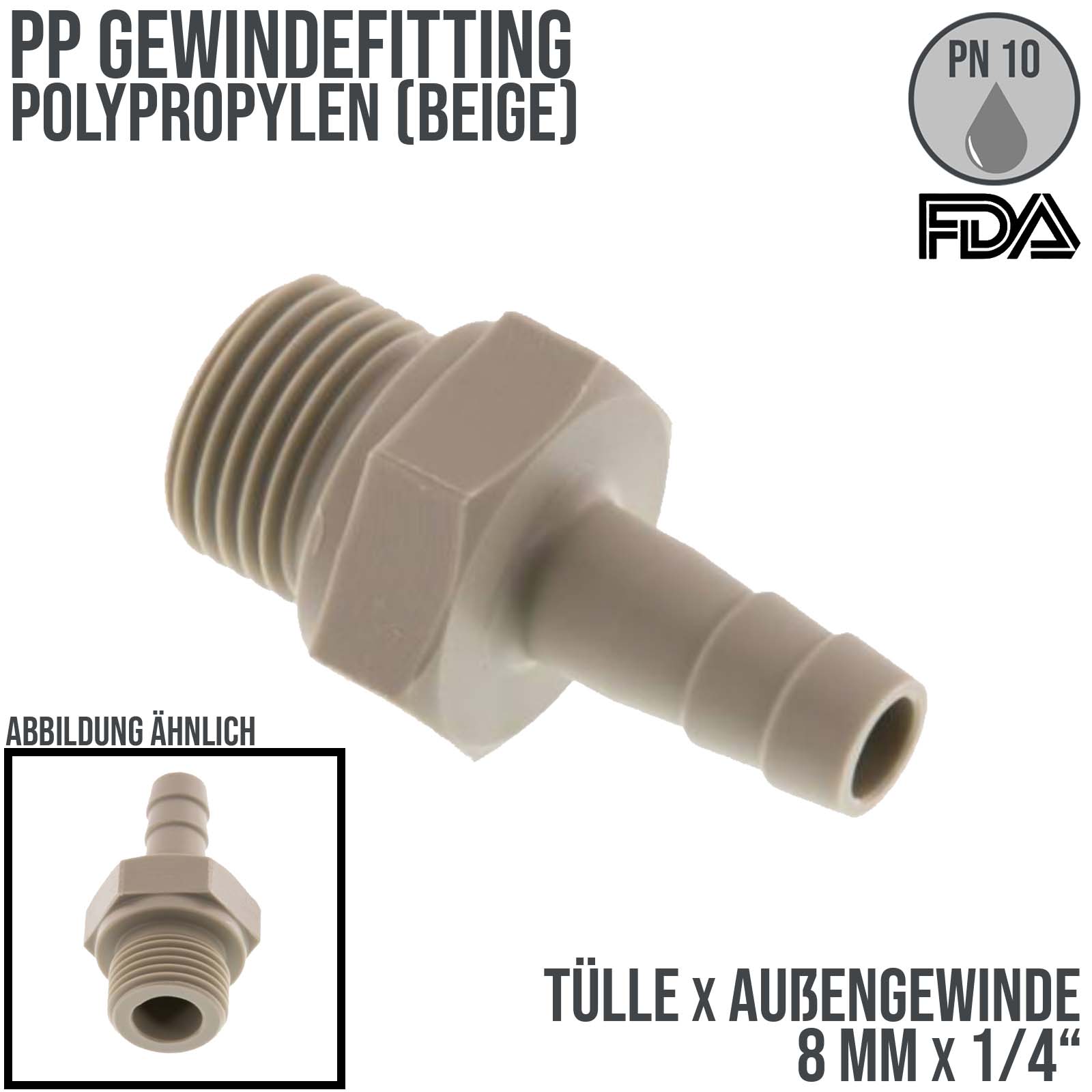 PP Gewindefitting (FDA)| Schlauchtülle x AG -  8mm x 1/4" [PN10]