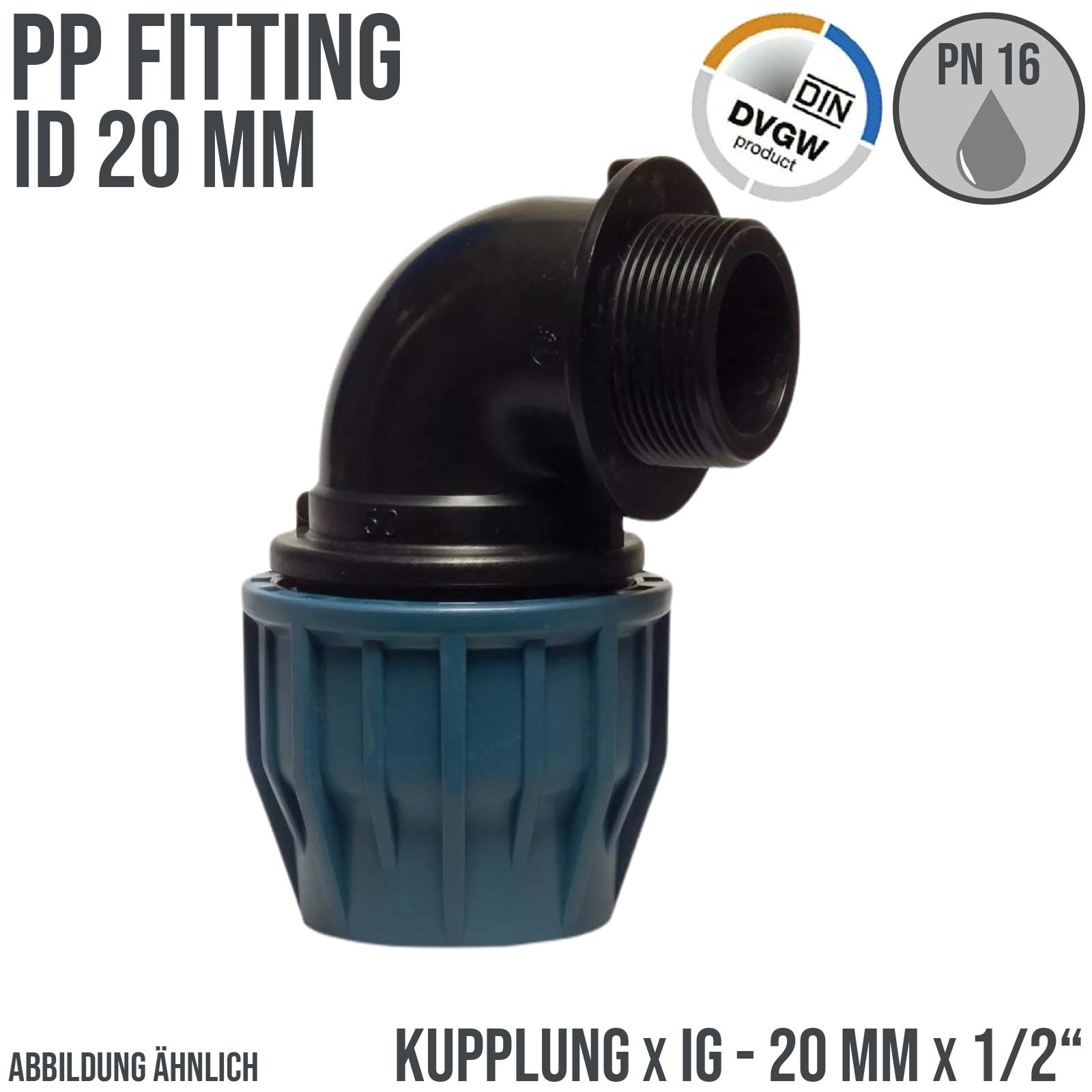 20 mm x 1/2" PE PP Fitting Klemm Verbinder Verschraubung Rohr Winkel 90° x AG DVGW - PN 16 bar 
