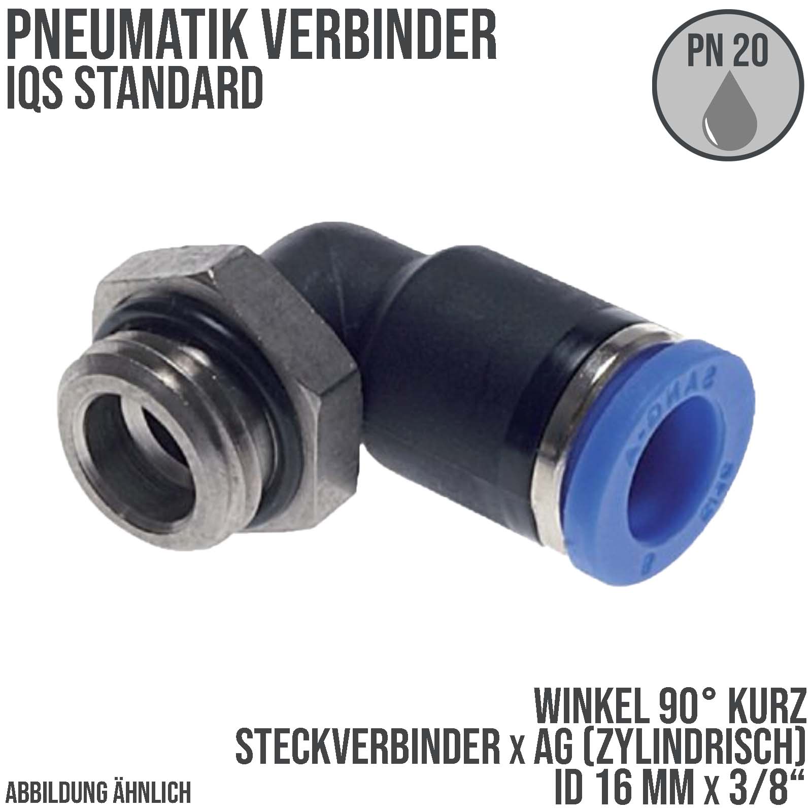 16 mm x 3/8" Pneumatik Steck Verbinder Winkel 90° kurz IQS Außengewinde zylindrisch - PN 20 bar