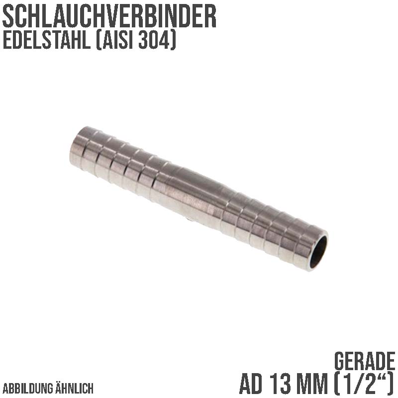 13 mm 1/2" Edelstahl AISI 304 Schlauch Verbinder Kupplung Tülle Stutzen massiv PN 10 bar