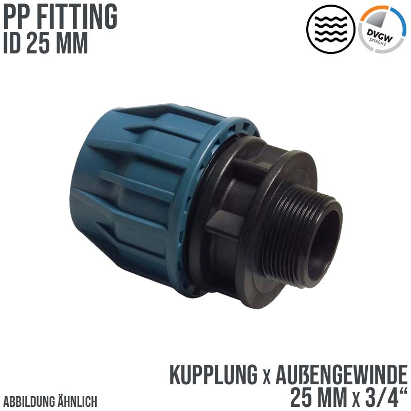 25 mm x 3/4" PE PP Fitting Klemm Verbinder Verschraubung Muffe Rohr Kupplung x AG DVGW - PN 16 bar