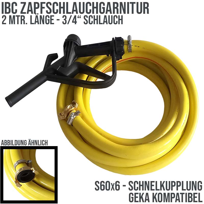 S60x6 IBC Zapf Schlauch Garnitur mit Schnellkupplung Anschluss - 2 m (PP Pistole schwarz) - PN 5 bar