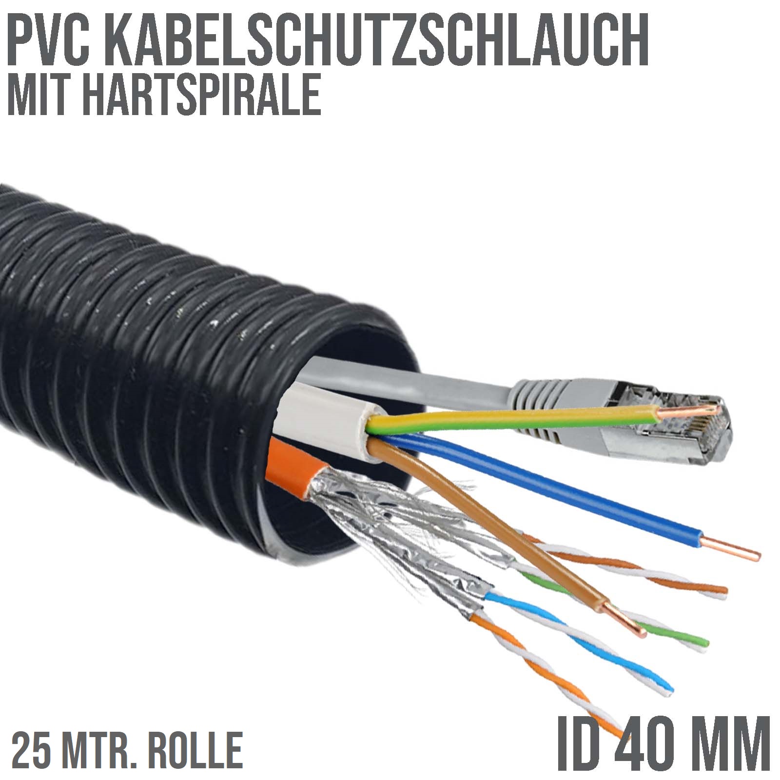 40 mm PVC Kabel Schutz Leer Spiral Schlauch Rohr Leitung Strom Wellrohr - 25 m