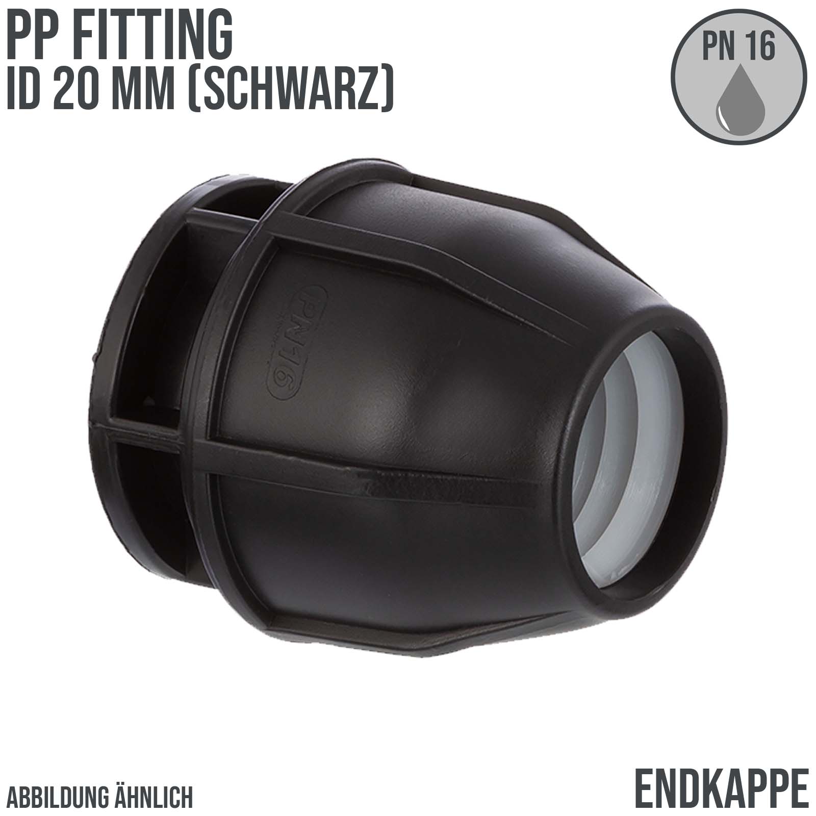 20 mm PE PP Fitting Klemm Verbinder Kappe Endkappe Endstück Muffe Verbinder  schwarz - PN 16 bar