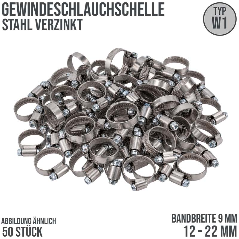 12 - 22 mm Schlauchschelle W1 Stahl verzinket Rohr Gewinde Schelle (Band 9 mm) - 50 Stück
