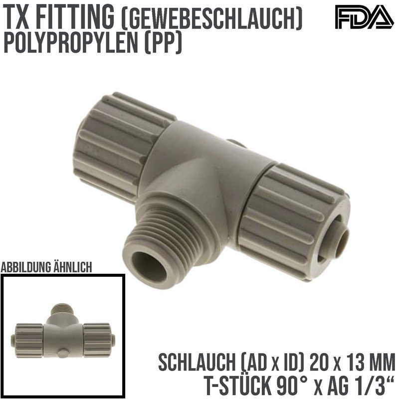20 x 13 mm x 1/2" T-Stück 90° Außengewinde TX Fitting Gewebe Schlauch Verbinder FDA PP beige - PN 10 bar