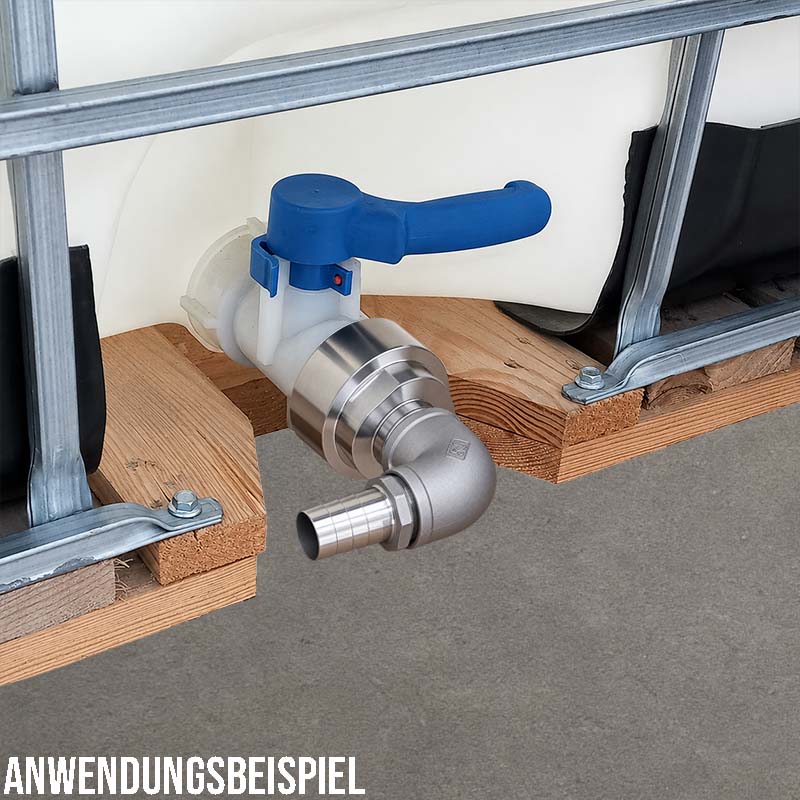 19 mm 3/4 " S60 x 6 IBC Container Edelstahl (AISI 316) 90° Winkel Anschluss Set Schlauch Tülle Stutzen - PN 16 bar