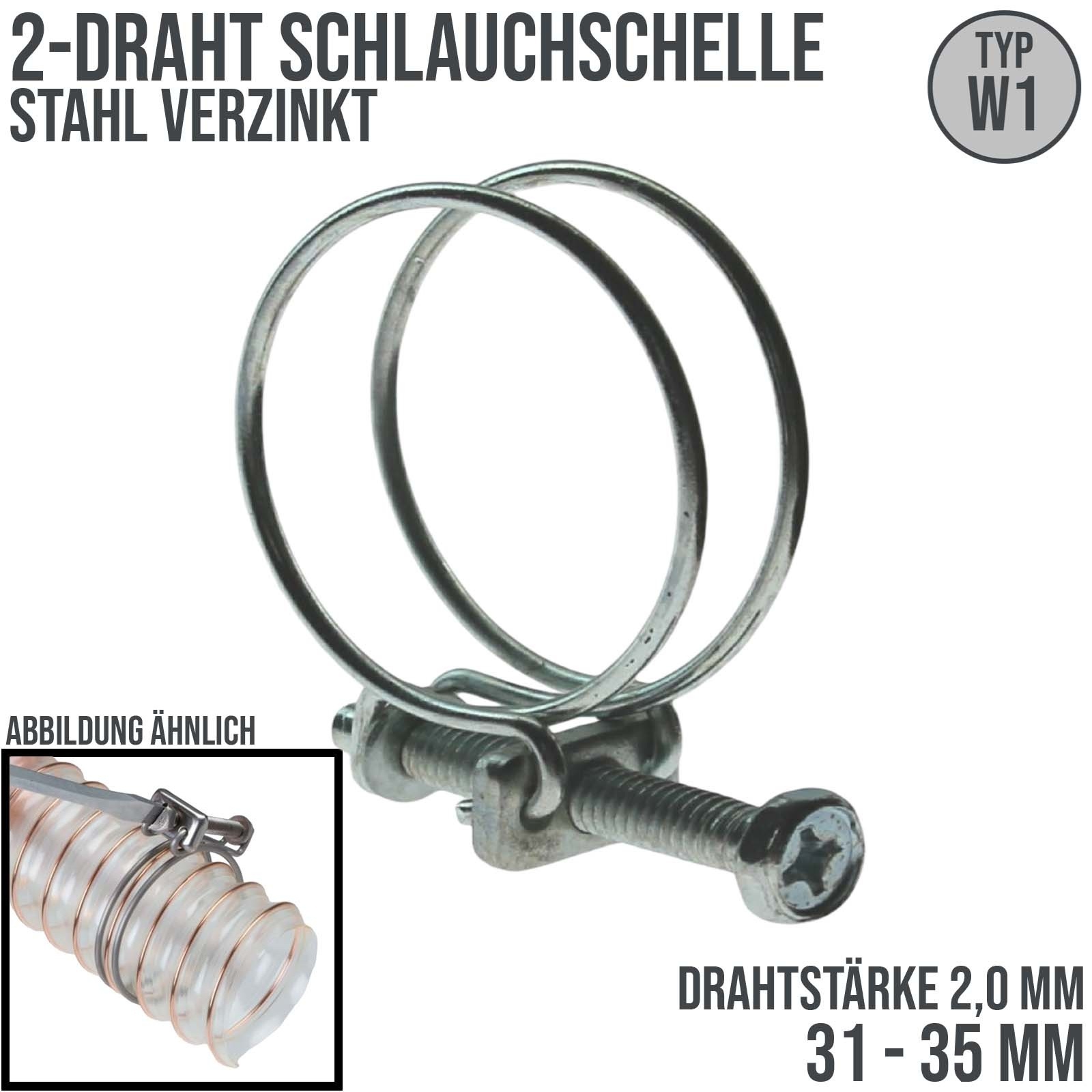 31 - 35 mm 2-Draht Schlauch Schelle W1 Stahl verzinkt Schraube M6 x 40 Draht 2,0 mm