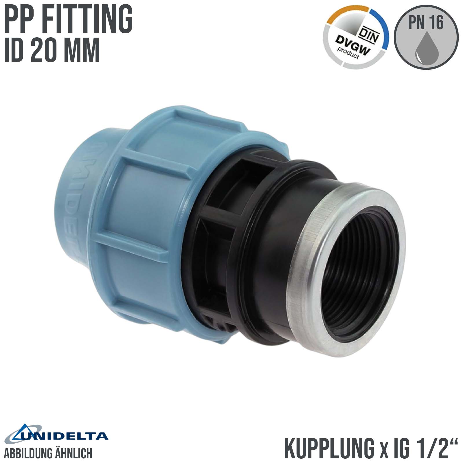 20 mm x 1/2" PE PP Fitting Klemm Verbinder Verschraubung Muffe Rohr Kupplung x IG DVGW - Unidelta