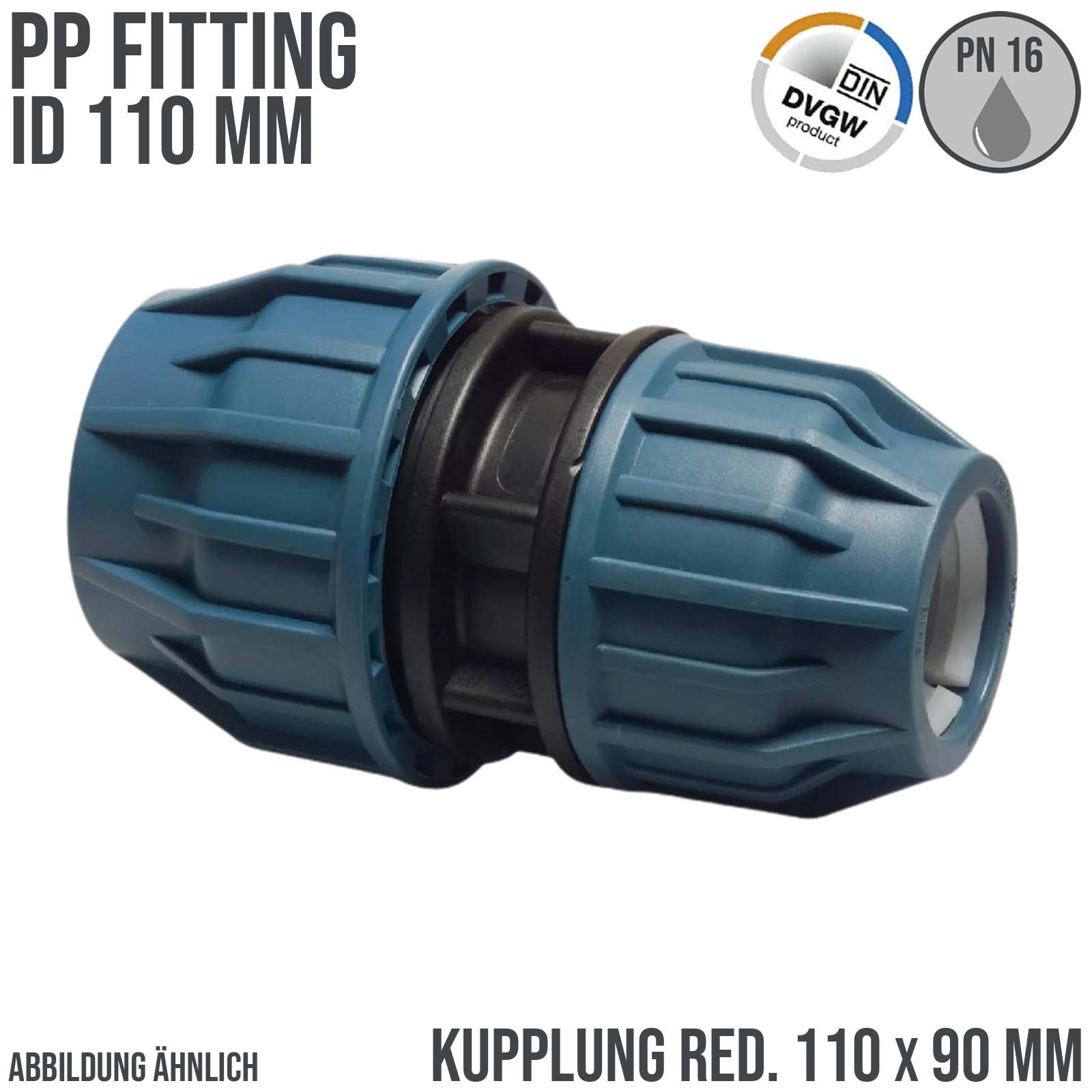 110 x 90 mm PE PP Fitting Klemm Verbinder reduziert Verschraubung Muffe Kupplung DVGW - PN 16 bar