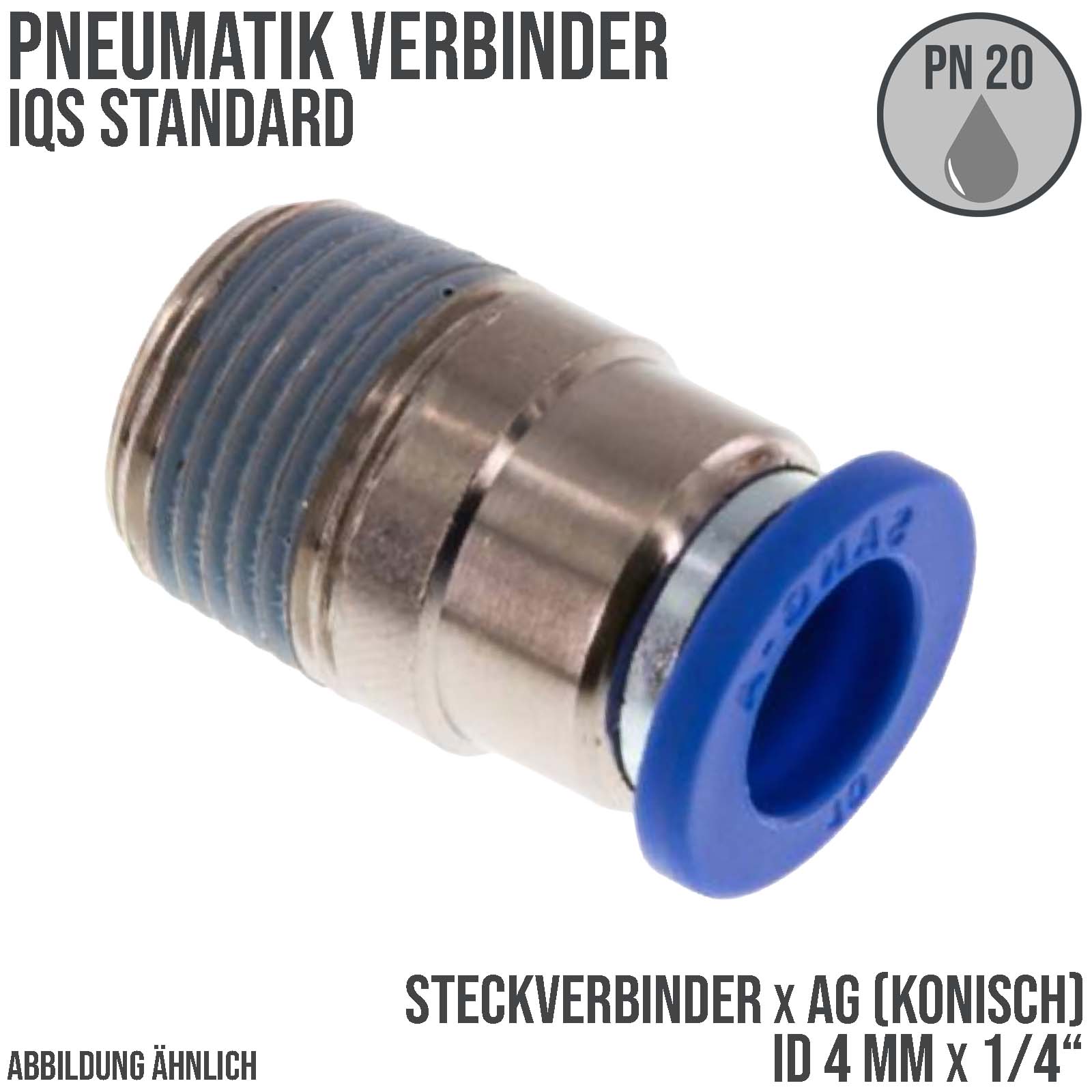 4 mm x 1/4" Pneumatik Schnell Steck Verbinder rund IQS Außengewinde konisch - PN 20 bar