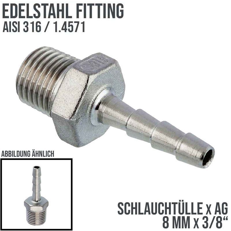 8 mm x 3/8" Zoll Schlauch Tülle Stutzen Außengewinde AG Nippel Edelstahl AISI 316 VA  Fitting - PN 20 bar