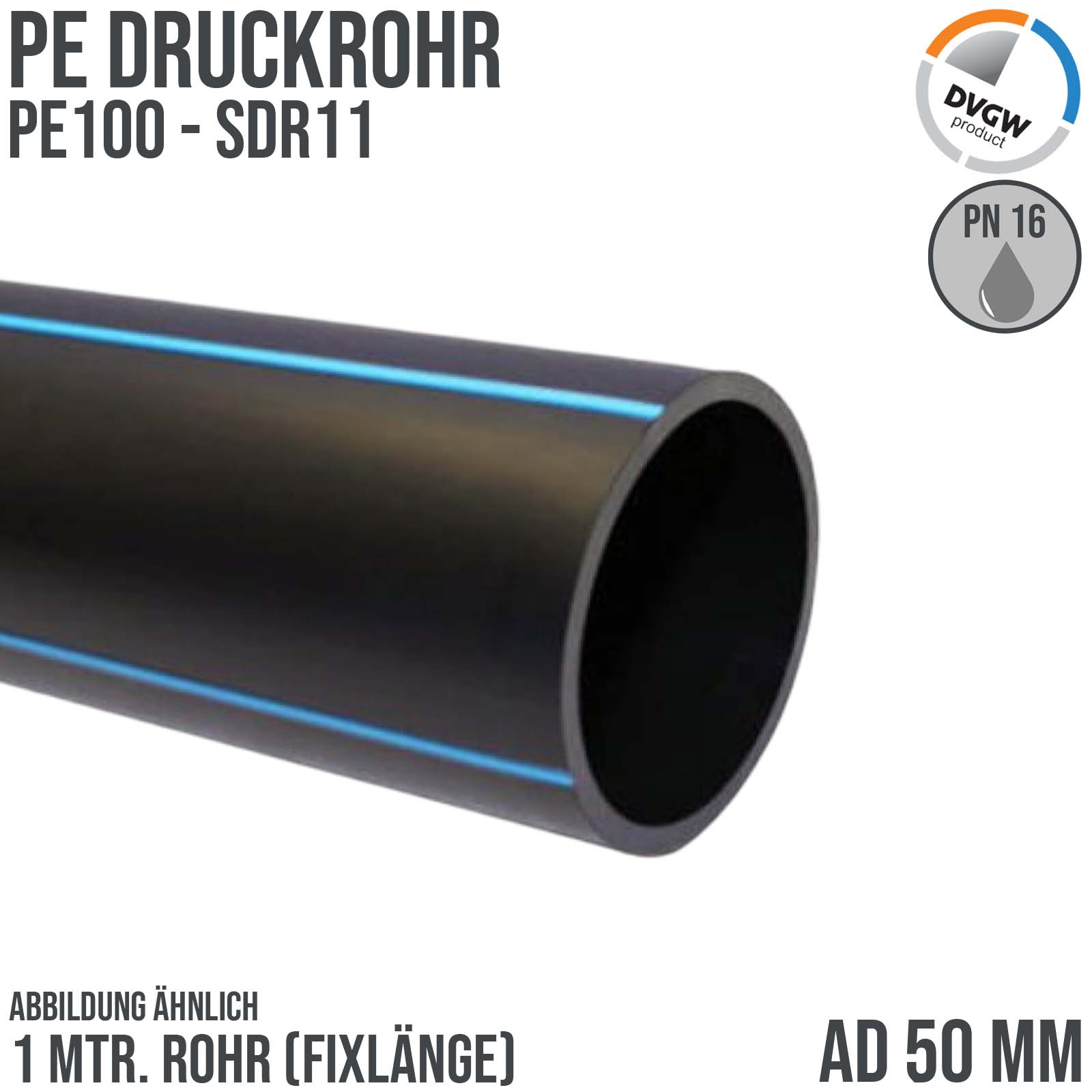 50 x 4,6 mm PE PP Rohr HD Druckrohr Trink Brauch Wasser PE 100 DVGW SDR 11 PN 16 bar - 1 m Fixlänge