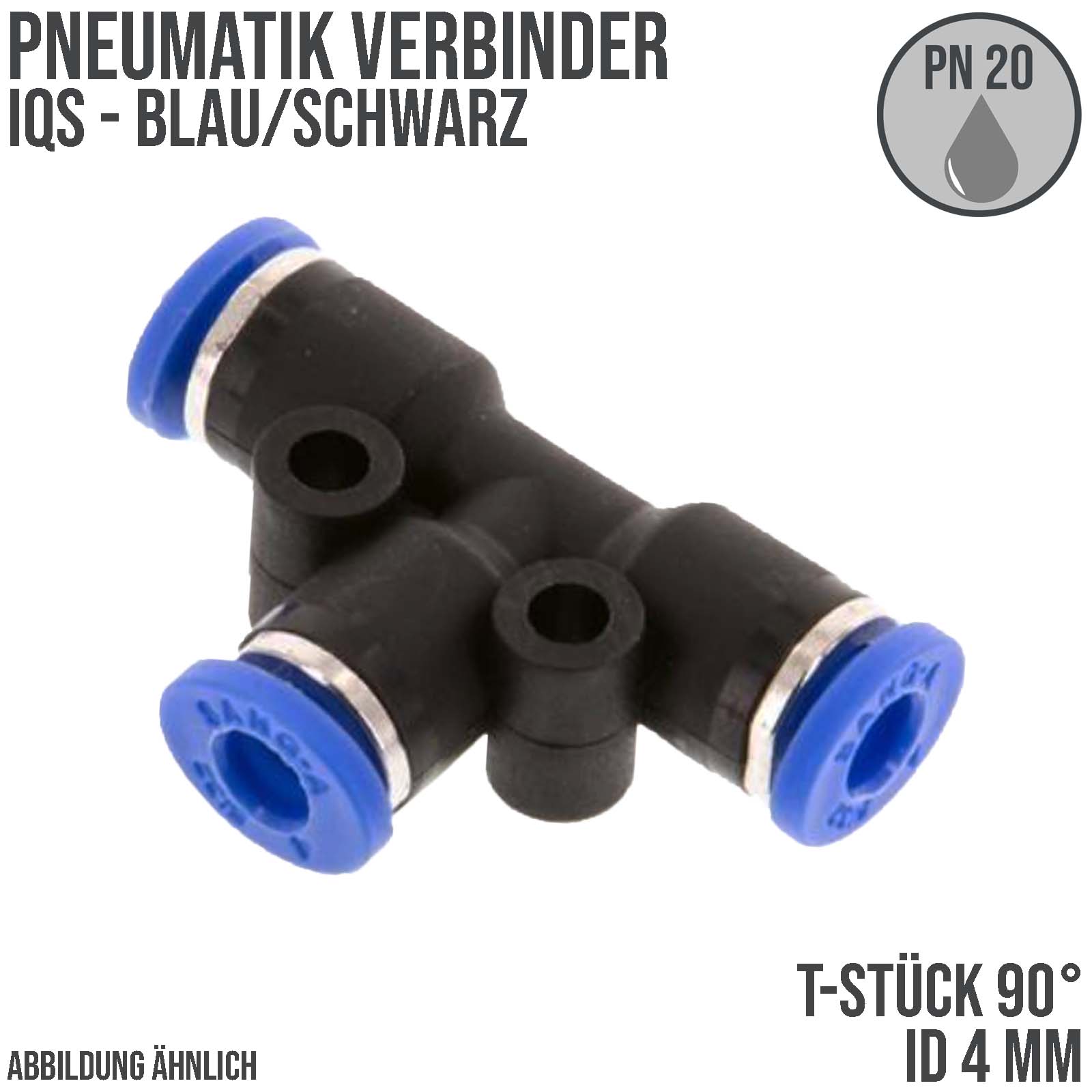 4 mm Pneumatik Schnell Steck Verbinder IQS T-Stück 90° blau/schwarz PA PU Schlauch - PN 20 bar