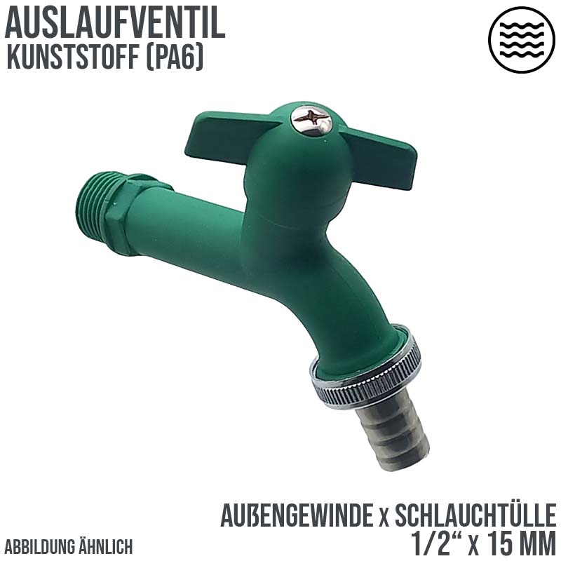 1/2" AG Kunstoff (PA 6) Auslauf Ventil Wasser Hahn Tülle 15 mm KTW - grün