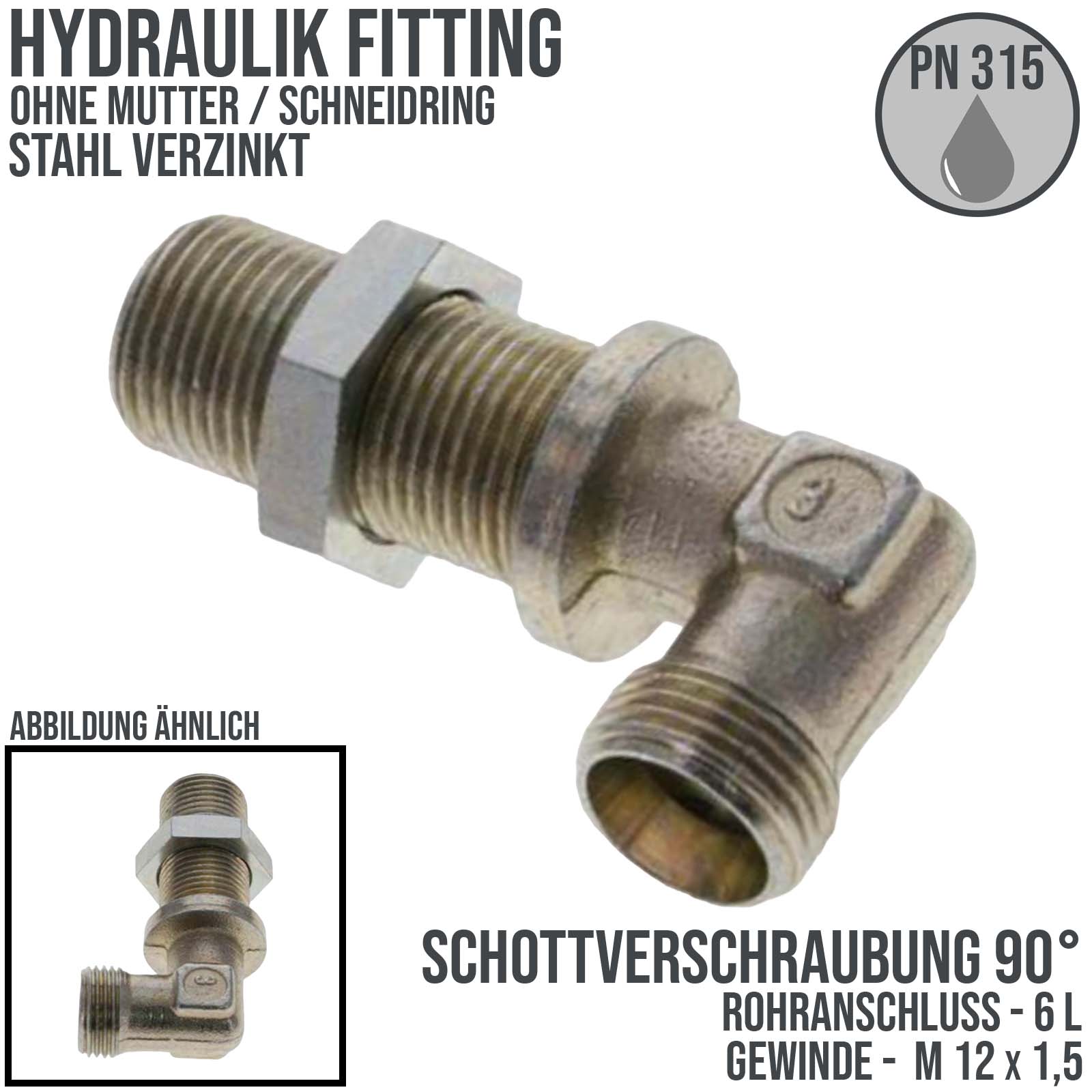 Hydraulik Verschraubung Winkel 90° Schott Verschraubung 6 L  (M 12 x1,5) ohne Mutter / Schneidring