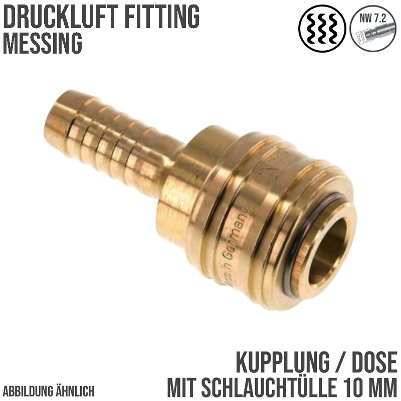 10 mm Druckluft Kupplung Dose Schnell Schlauch Tülle Messing NW 7,2 LW - PN 35 bar