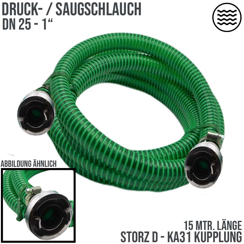 STORZ D DN25 KA31 - 25 mm 1" PVC Saug Ansaug Pumpen Spiral Schlauch PN 5 bar grün - 15 m Rolle