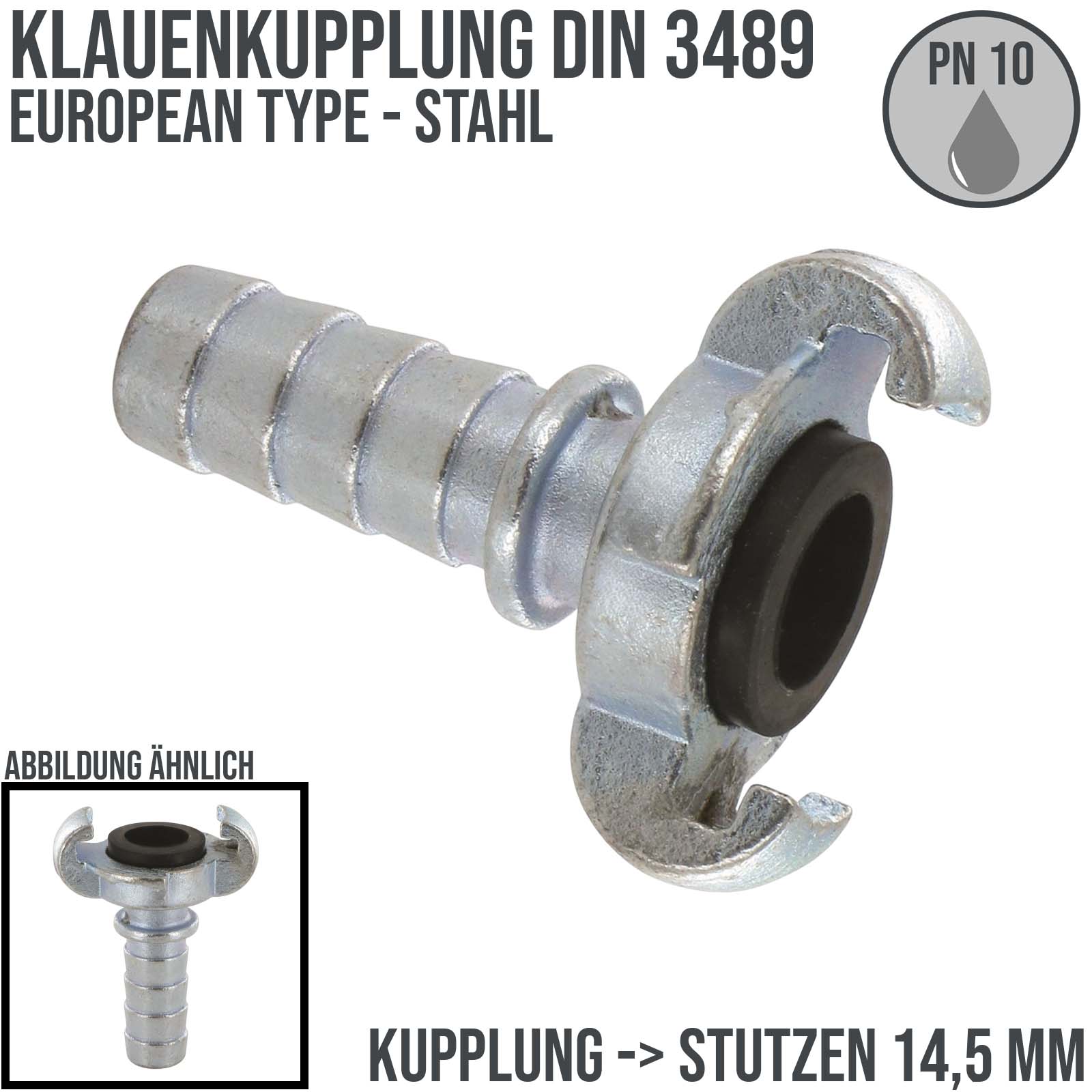 1/2" Klauen Kupplung Stahl European Type Abstand 42 mm Schlauch Stutzen Tülle 14,5 mm - PN 10 bar