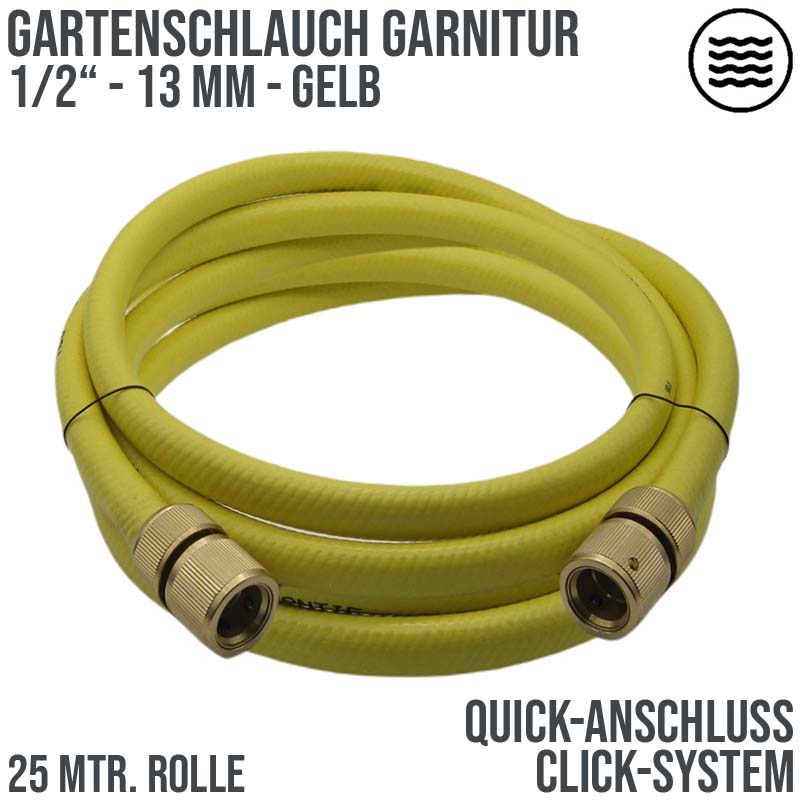 1/2" 13 mm Garten Wasser Schlauch Garnitur gelb Quick-Anschluss (Click-System) 3 Lagen - PN 8 bar - 25 m