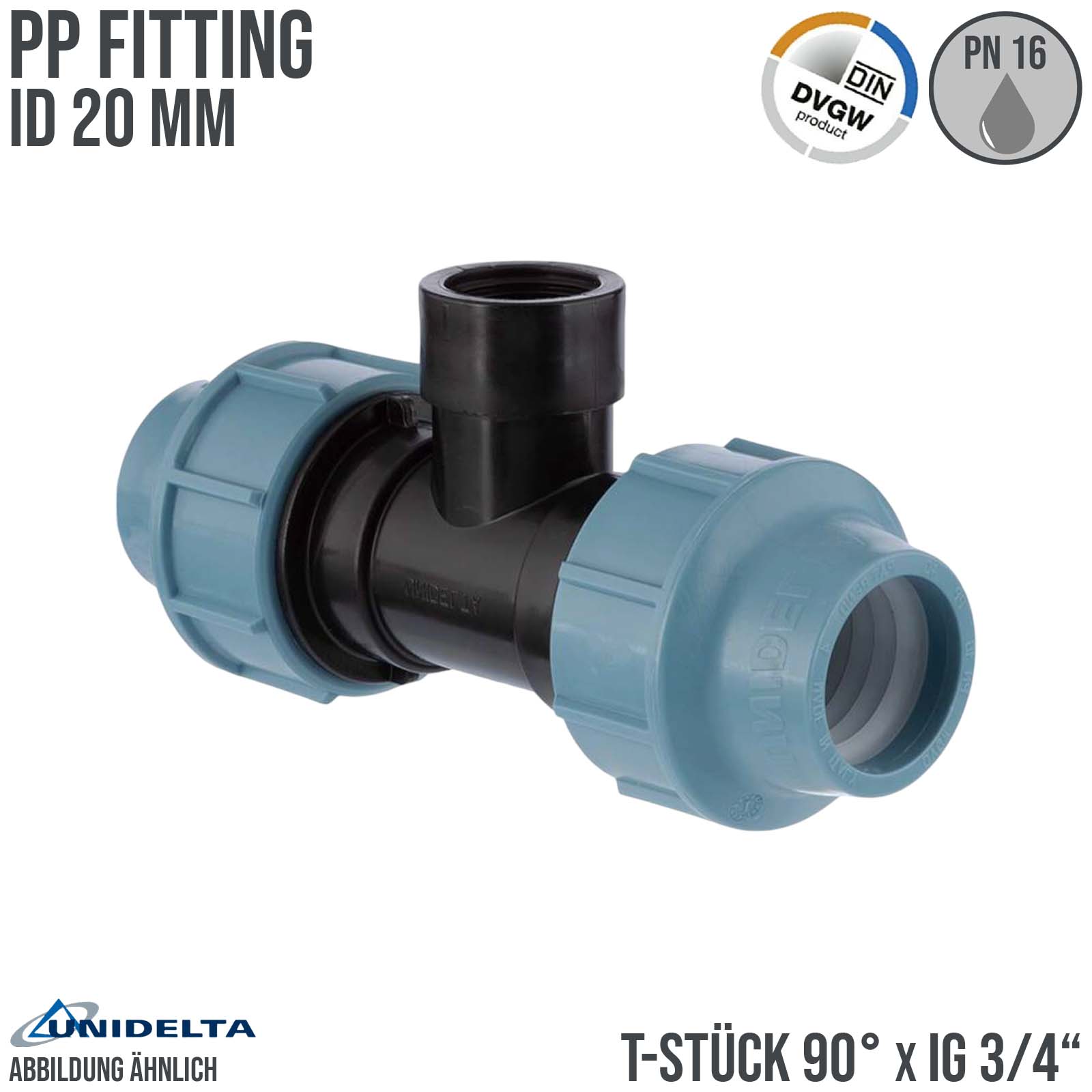 20 mm x 3/4" PE PP Fitting Klemm Verbinder Verschraubung Rohr T-Stück 90° x IG DVGW - Unidelta 