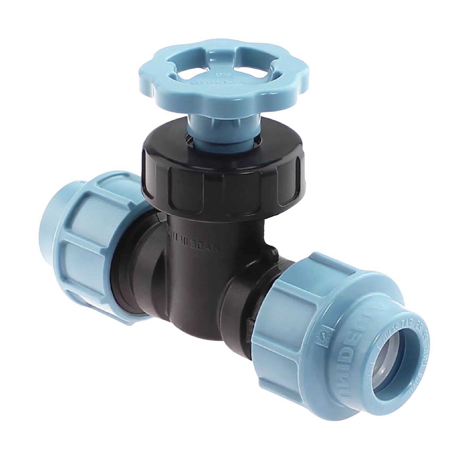 32 mm PE PP Durchgangsventil 2-fach Klemm Muffe Kupplung PN 16 bar DVGW KIWA WRAS Unidelta
