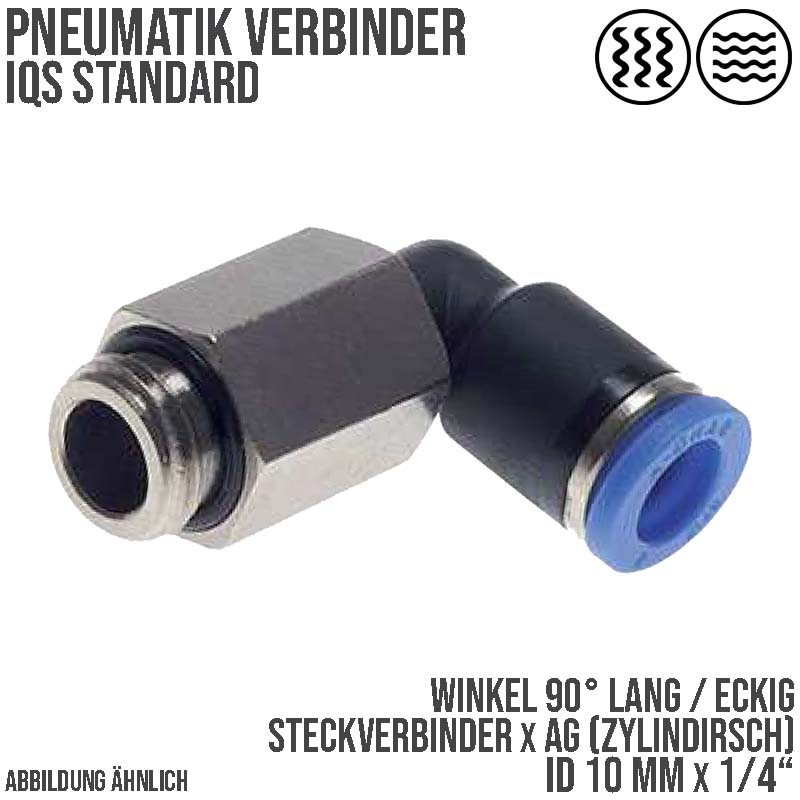 10 mm x 1/4" Pneumatik Steck Verbinder Winkel 90° lang IQS Außengewinde zylindrisch - PN 20 bar