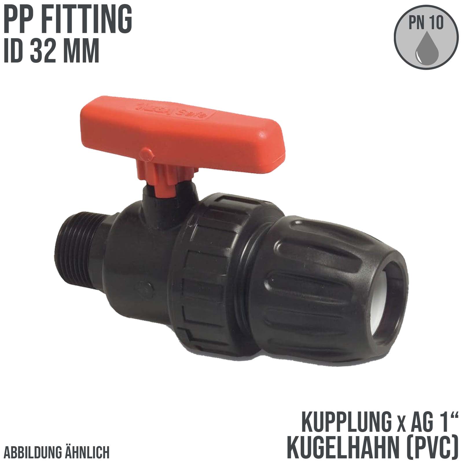 32 mm PE PP Kugelhahn Klemm Muffe Kupplung Außengewinde AG schwarz/rot - PN 10 bar