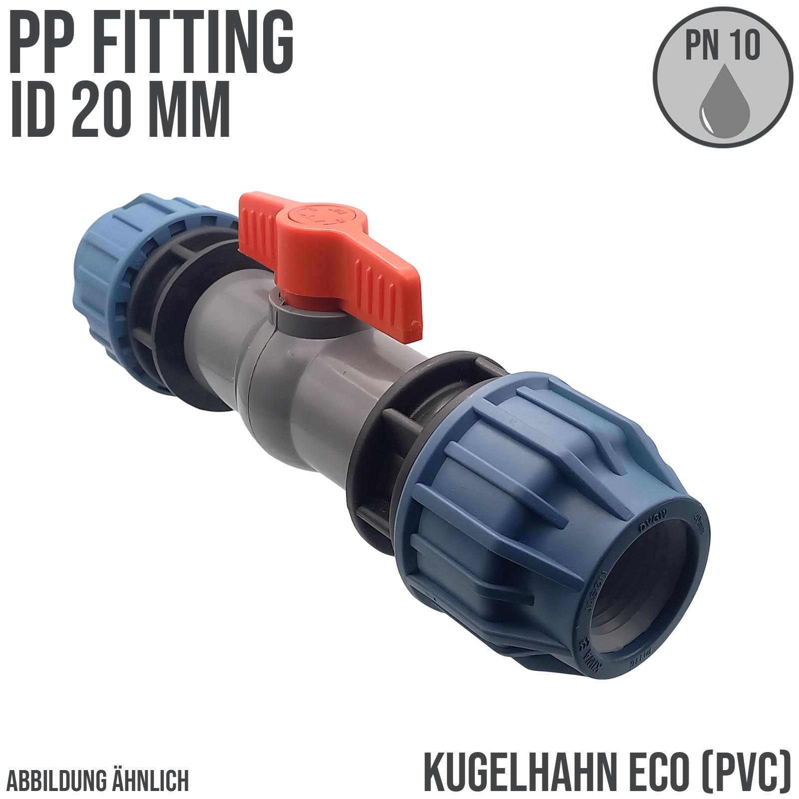 20 mm PE PP Fitting Klemm Verbinder Verschraubung Kugelhahn ECO mit 2-fach Muffe