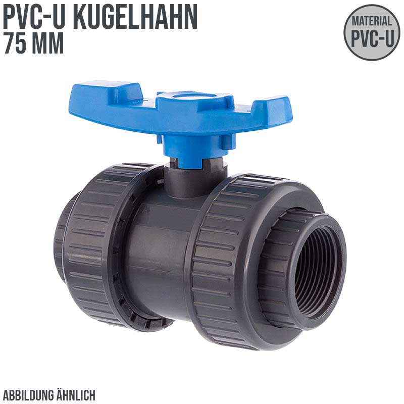 75 mm PVC Kugel Absperr Hahn Ventil beidseitige Klebemuffe Fitting PN 16 bar - blauer Griff