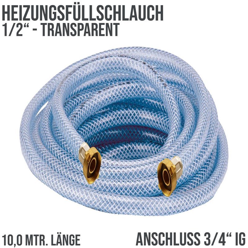 10 m Heizungs Füll Wasser Heizkörper Radiator Sanitär Schlauch transparent 3/4" Anschluss - PN 8 bar