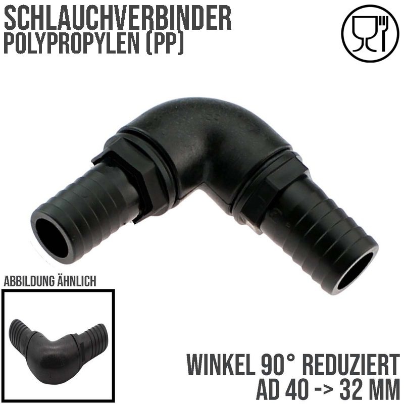 40 x 32 mm Winkel 90° PP Schlauch Verbinder 2-fach Stutzen Tülle Pool Teich Garten schwarz - PN 6 bar