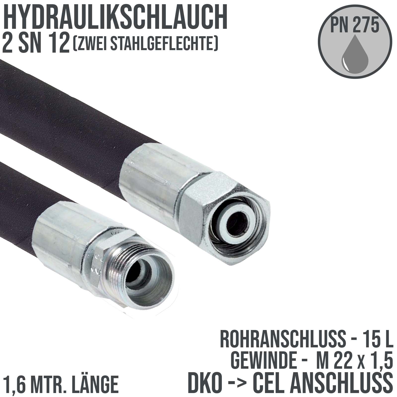 Hydraulikschlauch DN 12 2SN12 - 15 L DKO (IG) auf CEL (AG) Anschluss (M 22 x 1,5) - 1600 mm