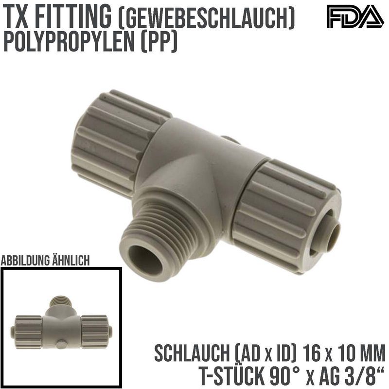 16 x 10 mm x 3/8" T-Stück 90° Außengewinde TX Fitting Gewebe Schlauch Verbinder FDA PP beige - PN 10 bar