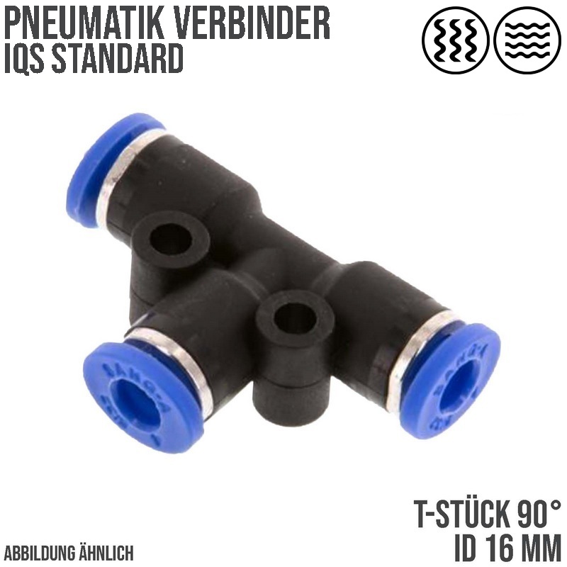 16 mm Pneumatik Steck Verbinder IQS T-Stück 90° blau/schwarz PA PU Schlauch - PN 20 bar