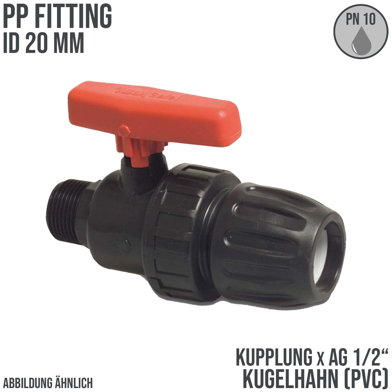 20 mm PE PP Kugelhahn Klemm Muffe Kupplung Außengewinde AG schwarz/rot - PN 10 bar