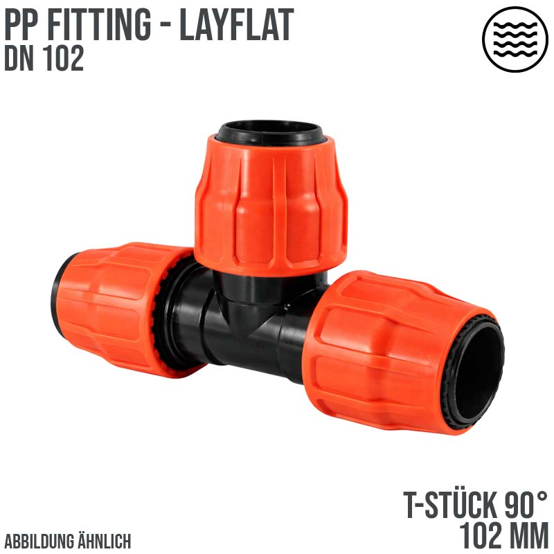 102 mm PE PP Fitting Layflat Klemm Verbinder T-Stück 90° Kupplung Flach Schlauch - PN 6 bar