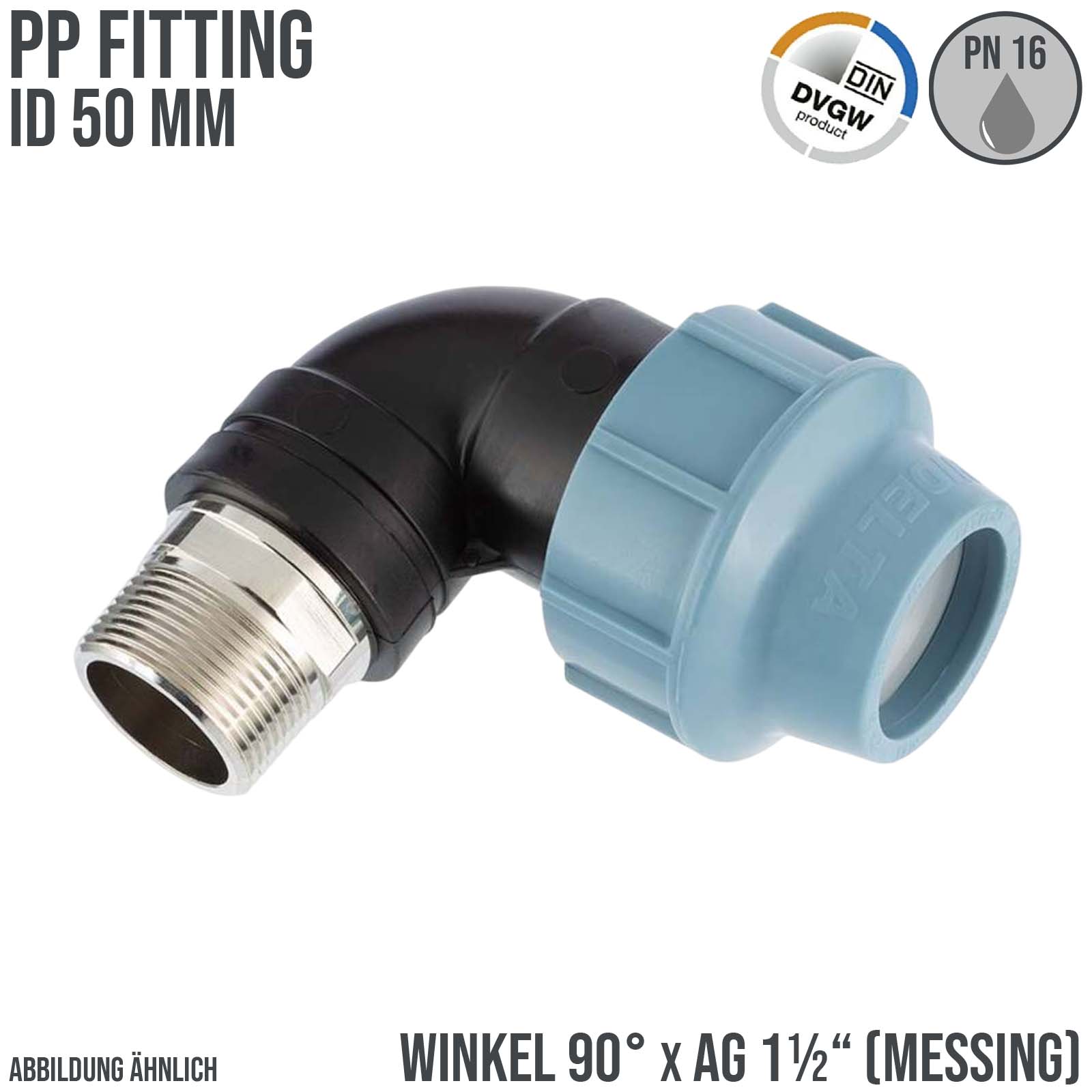 50 mm x 1 1/2" PE PP Fitting Klemm Verbinder Rohr Winkel 90° x Messing AG DVGW - Unidelta 