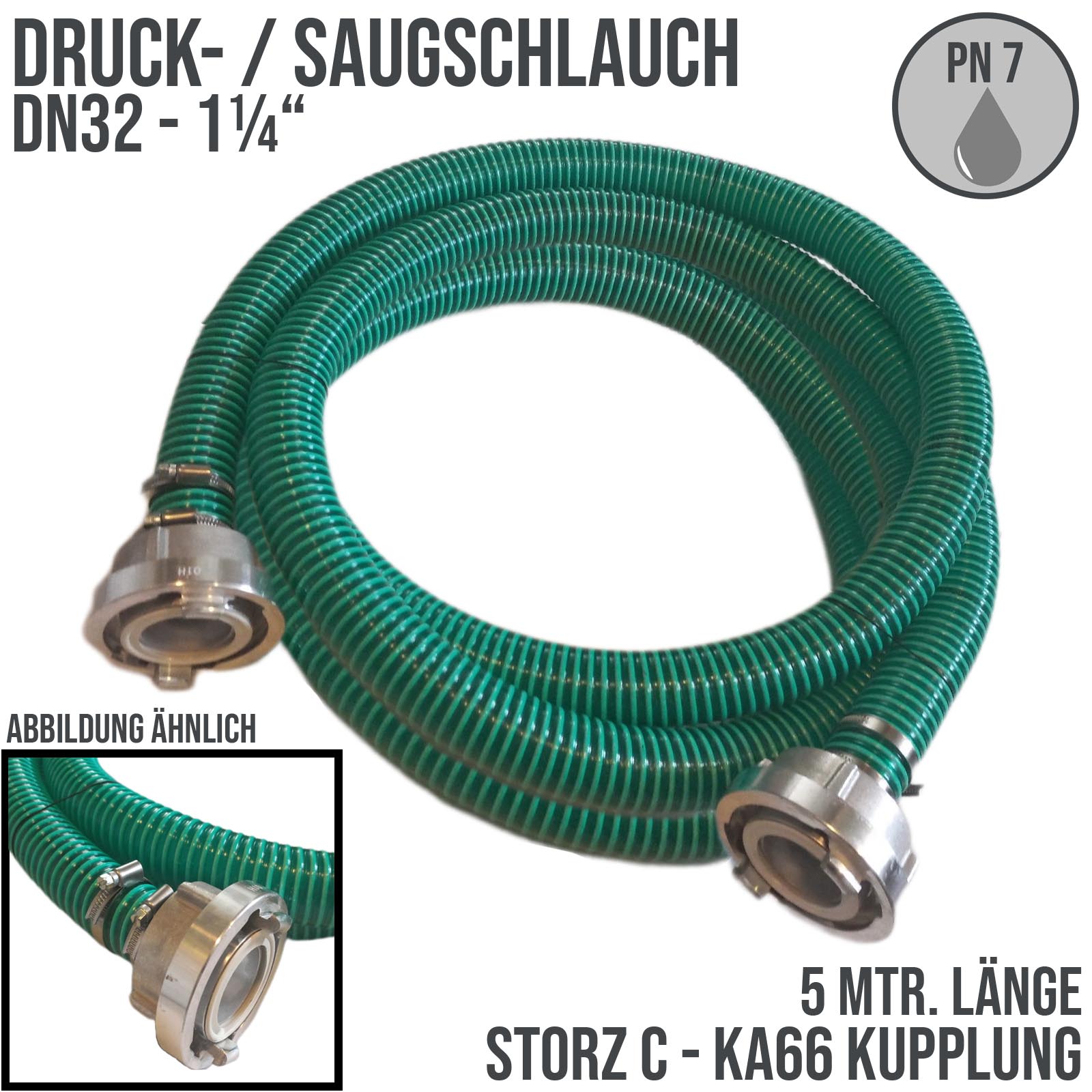 STORZ C DN52 KA66 - 32 mm 1 1/4" PVC Saug Ansaug Pumpen Spiral Schlauch PN 5 bar grün - 5 m Rolle