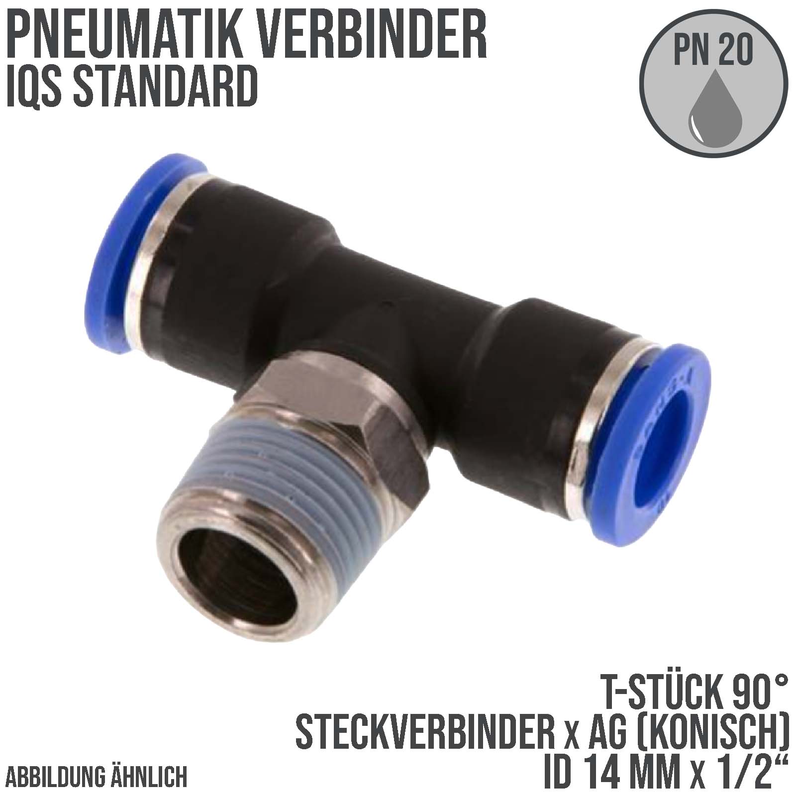 14 mm x 1/2" Pneumatik Steck Verbinder T-Stück 90° IQS Außengewinde konisch - PN 20 bar
