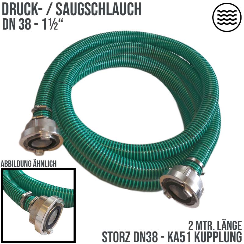 STORZ DN38 KA51 - 38 mm 1 1/2" PVC Saug Ansaug Pumpen Spiral Schlauch PN 5 bar grün - 2 m Rolle