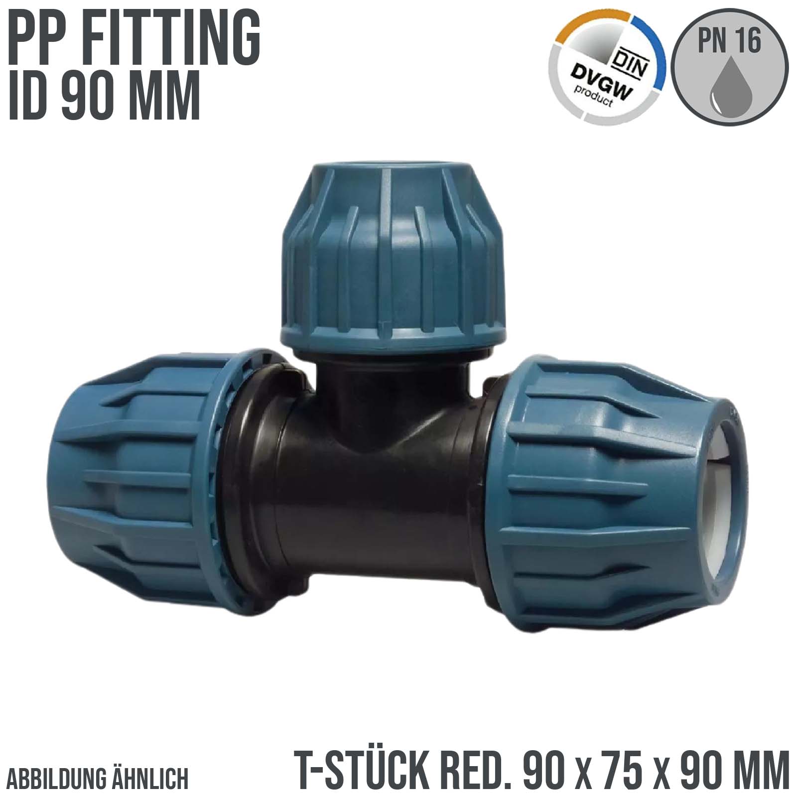 90 x 75 x 90 mm PE PP Fitting Klemm Verbinder Verschraubung Muffe reduziert T-Stück 90° DVGW - PN 16 bar