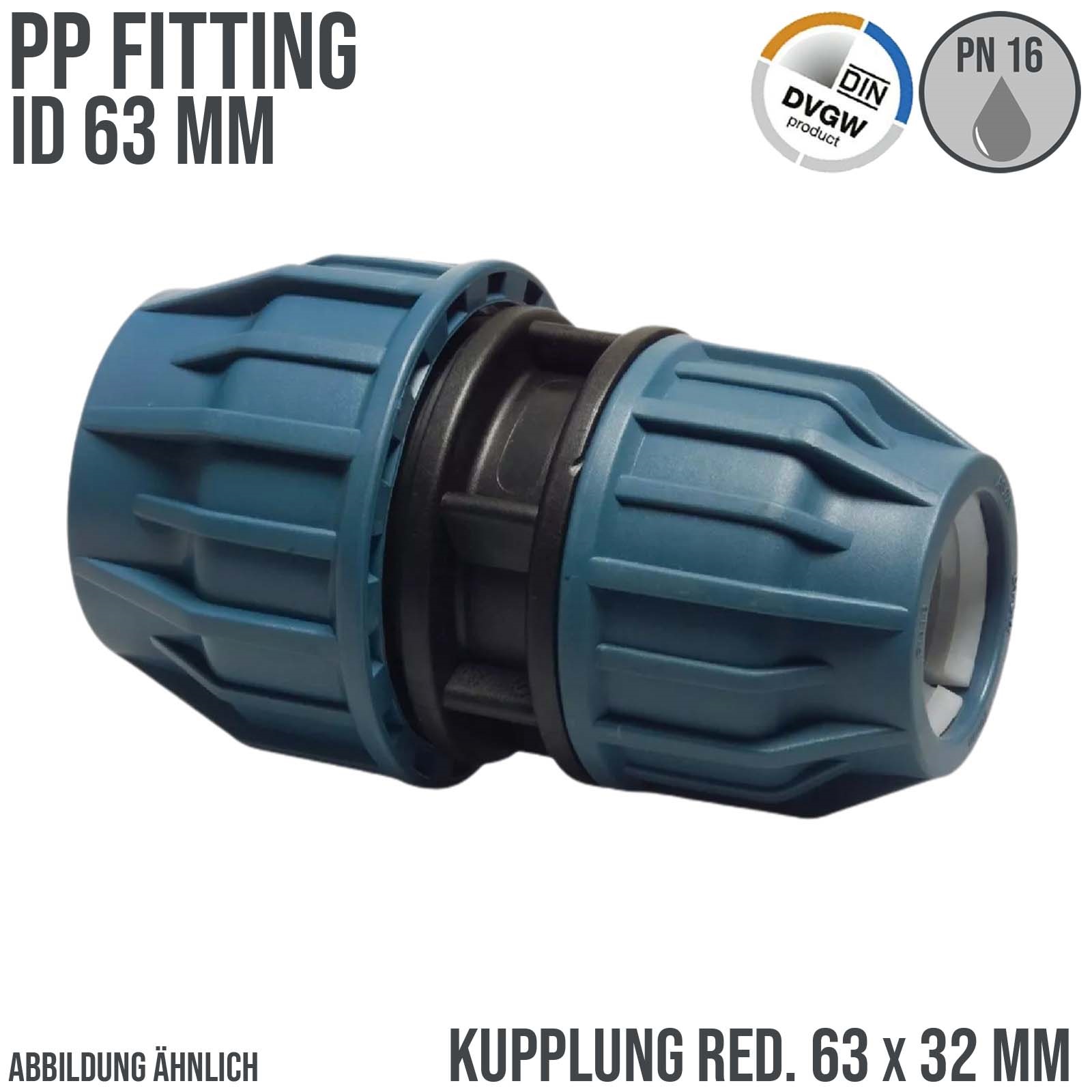 63 x 32 mm PE PP Fitting Klemm Verbinder reduziert Verschraubung Muffe Kupplung DVGW - PN 16 bar